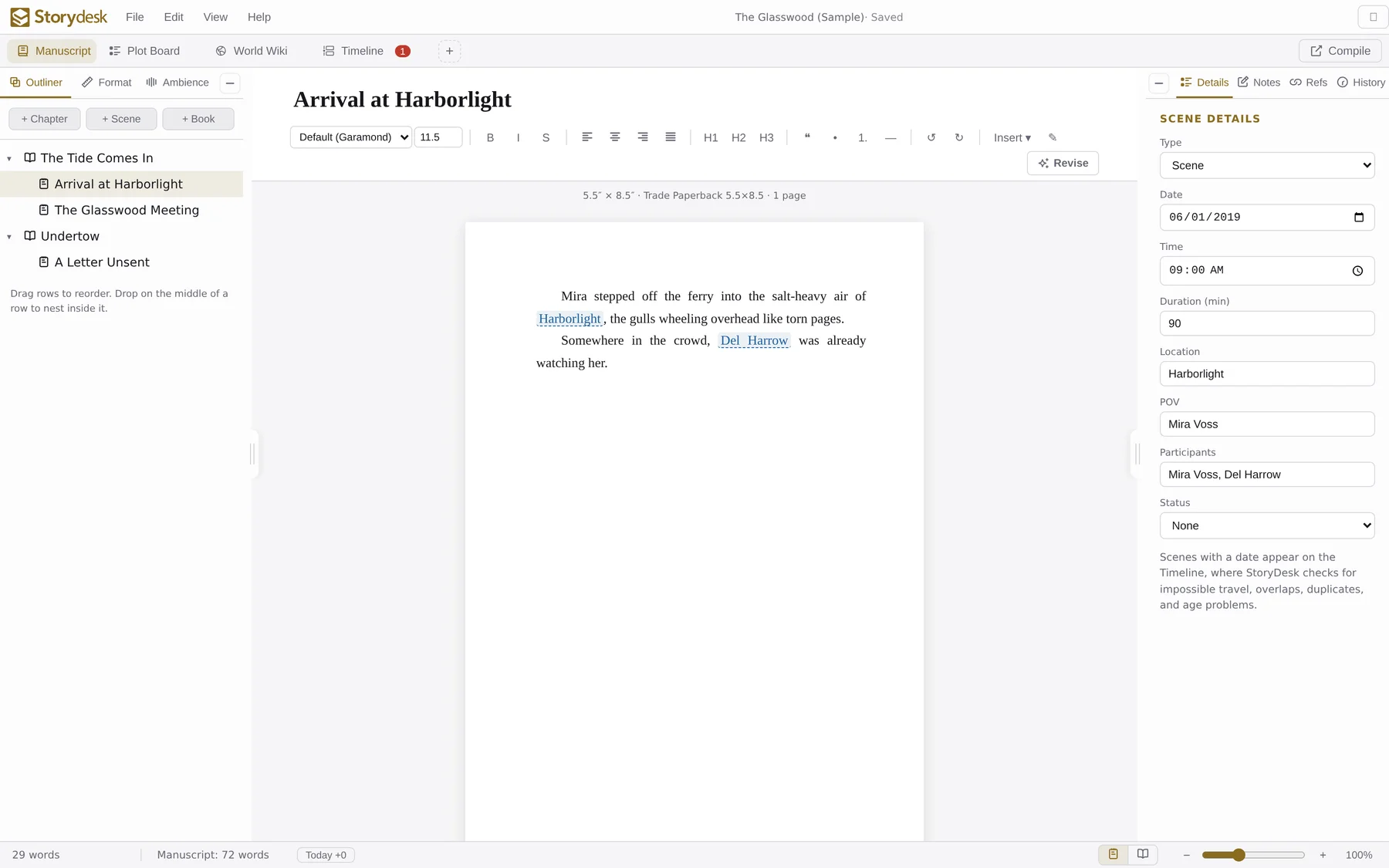 The StoryDesk manuscript view: binder, rich-text editor, and scene details panel
