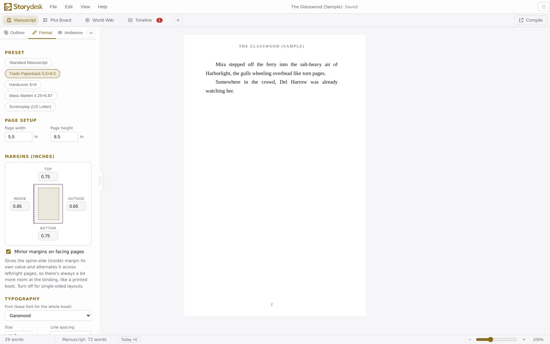 Format panel with presets, page setup, and margins